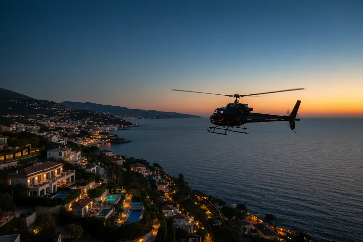 A helicopter flies over the illuminated French Riviera coastline at blue hour.