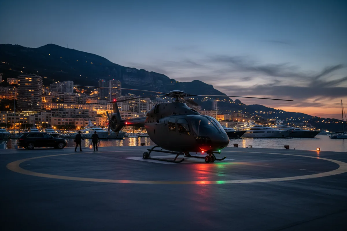 A helicopter on a helipad at dusk, with the glowing lights of the Monaco harbor and city in the background.