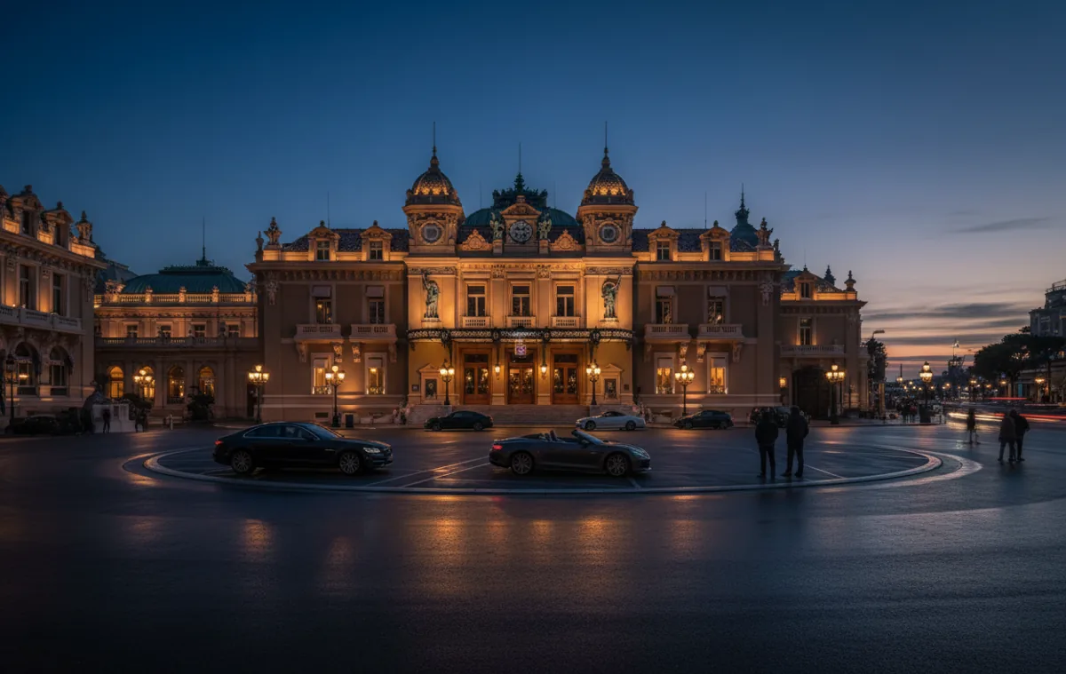 The illuminated Monte Carlo Casino and public square at dusk, with luxury cars parked in the foreground.