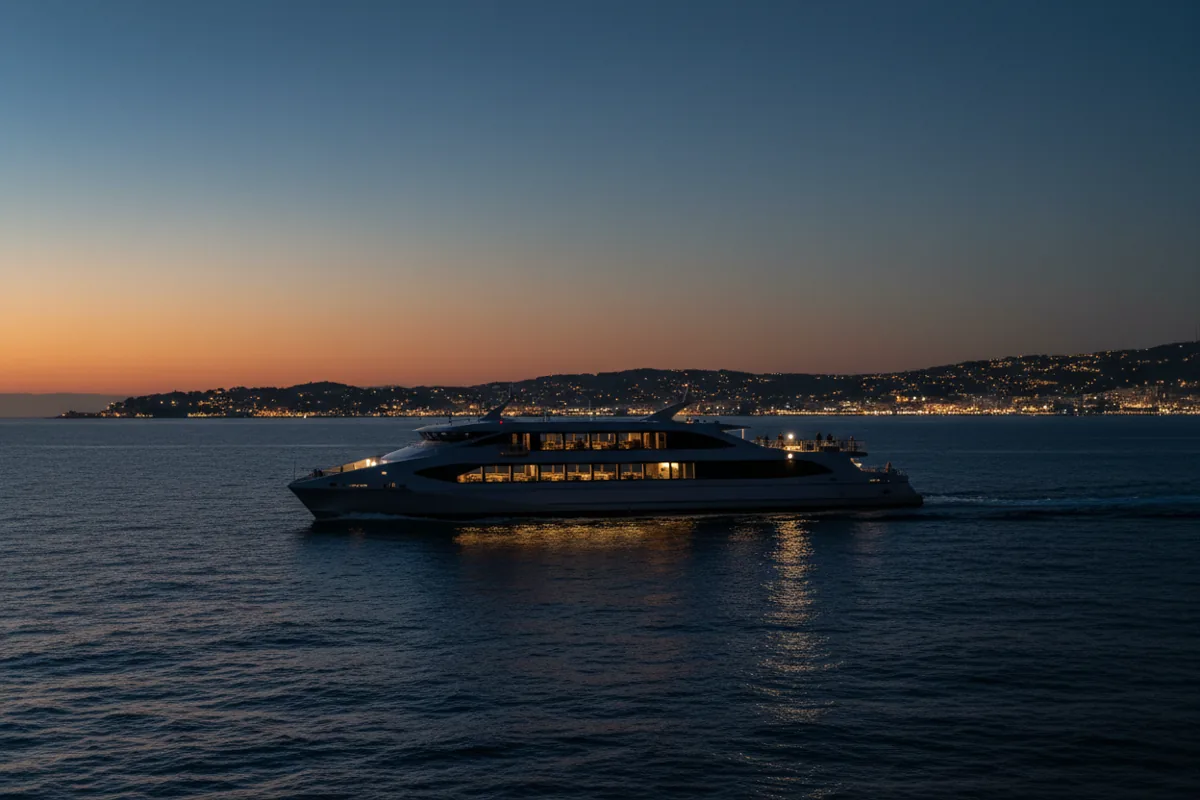 A modern passenger ferry travels along the French Riviera coast at dusk.