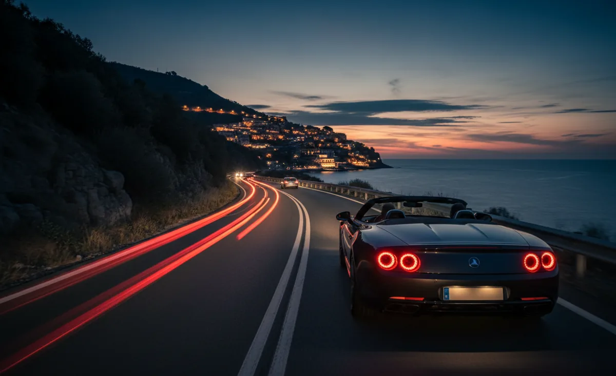 A convertible car with glowing taillights on a winding coastal road at twilight.