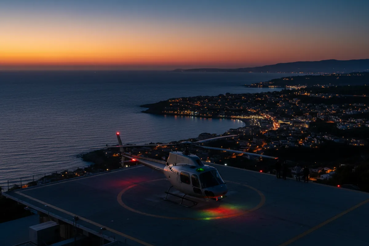A helicopter on a helipad overlooking the sea and a coastal town at dusk.
