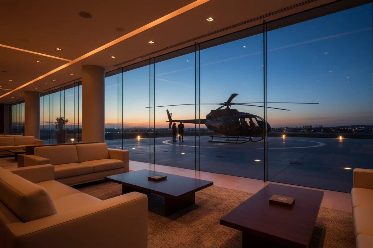 A modern airport lounge with large windows overlooking a helicopter on a helipad at twilight.