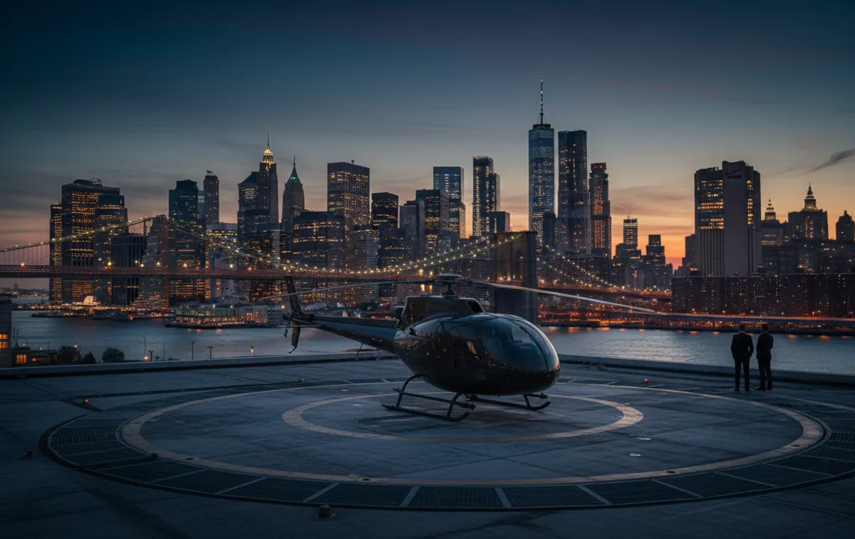 A helicopter on a rooftop helipad at dusk, with the illuminated lower Manhattan skyline in the background.