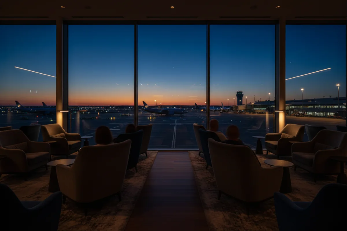 A modern airport lounge with comfortable seating overlooks the airfield through large windows at twilight.