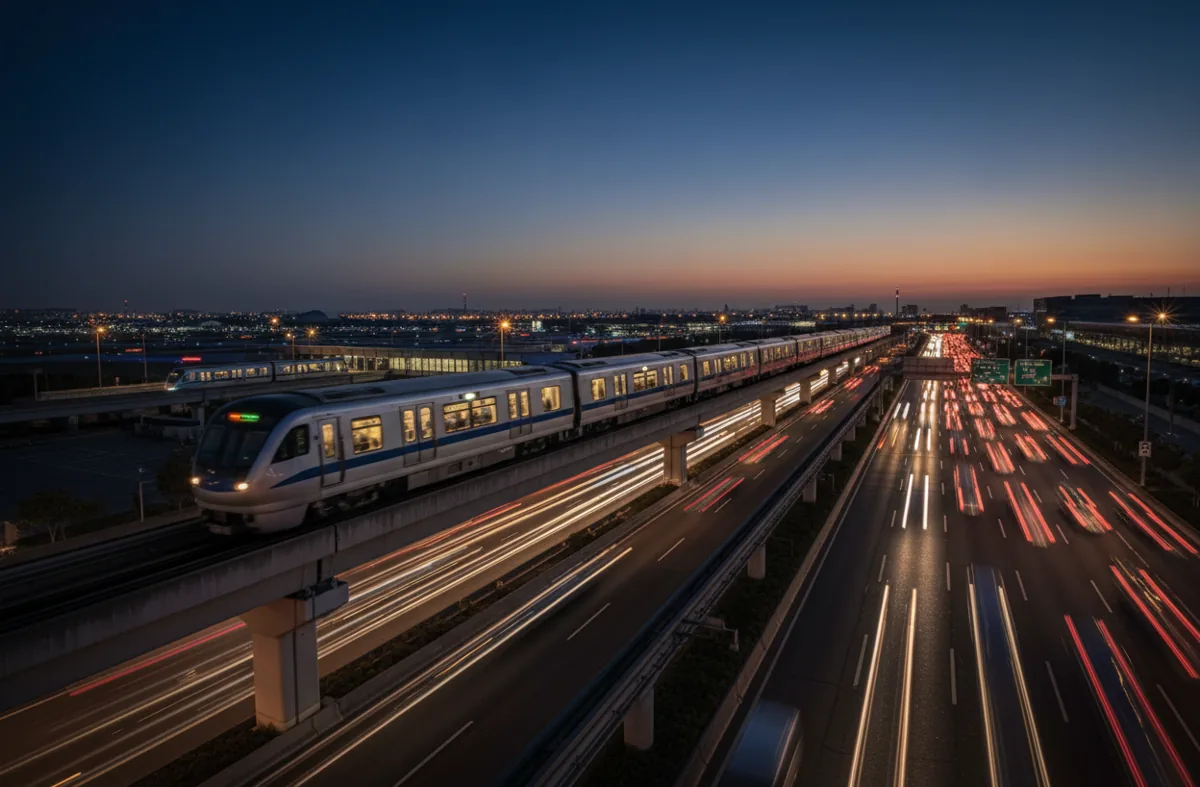 An elevated train passes over a busy airport roadway with light trails from cars at dusk.