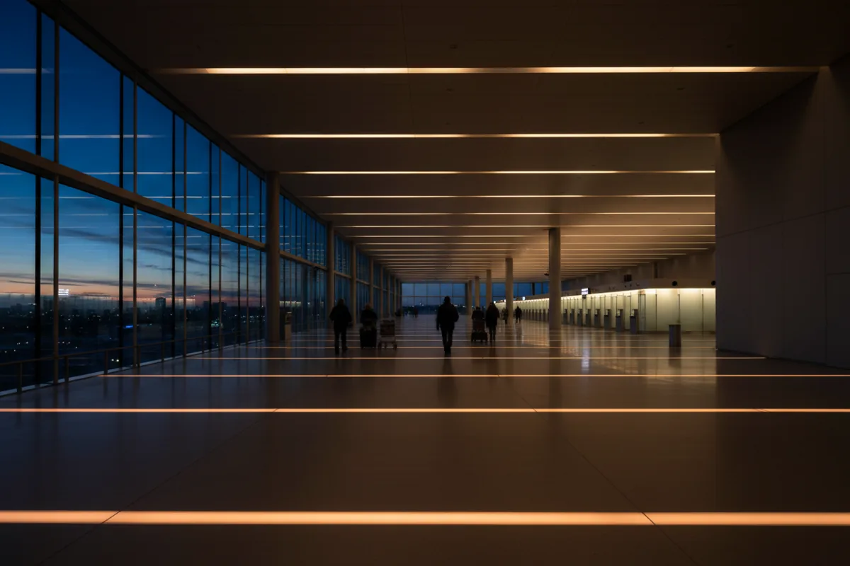 Travelers walk through a spacious, modern airport immigration hall with warm architectural lighting.