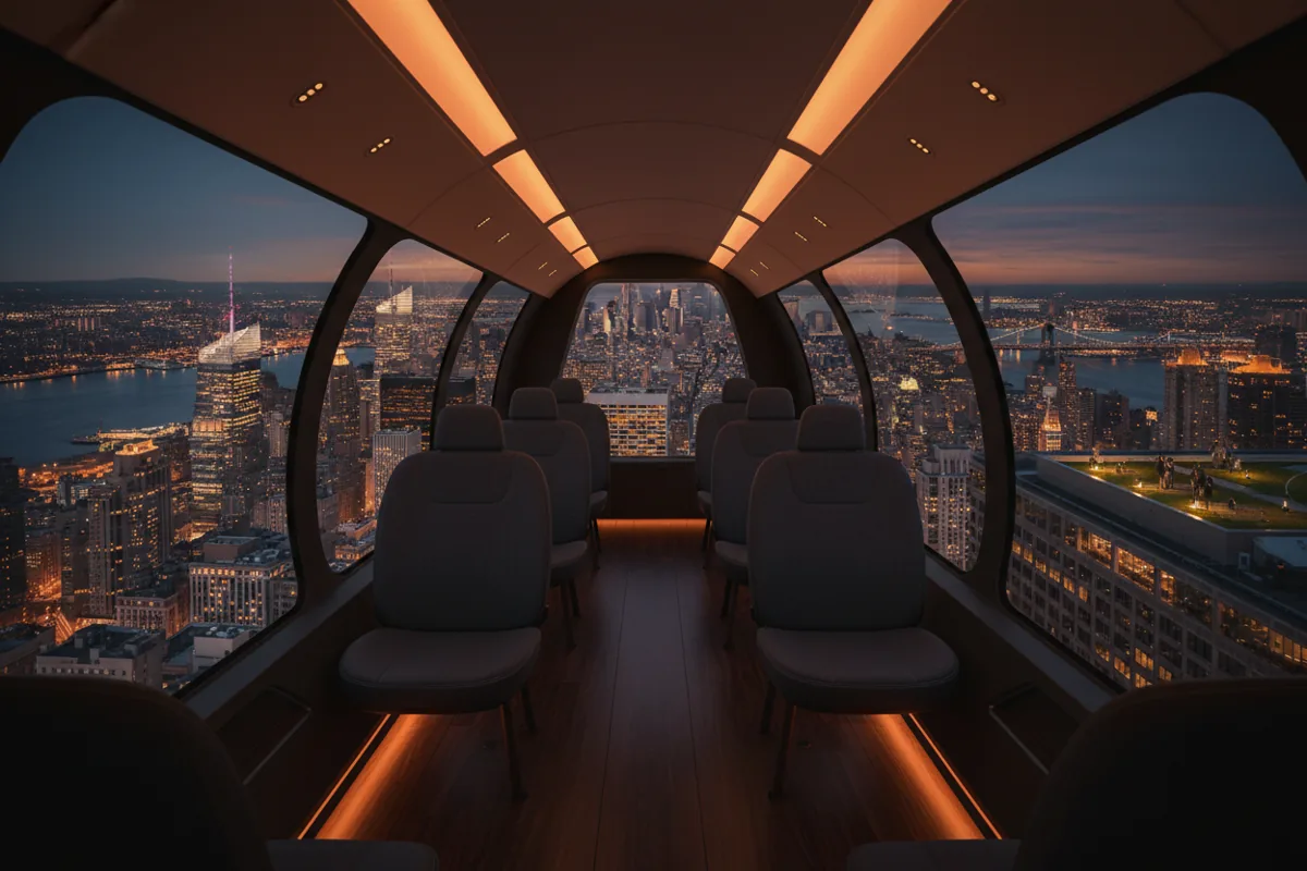 View of the Midtown Manhattan skyline at night from inside a futuristic air taxi cabin.