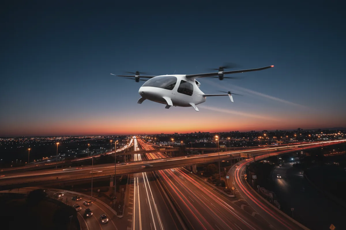 An electric air taxi with motion blur flies over a highway interchange near an airport at dusk.