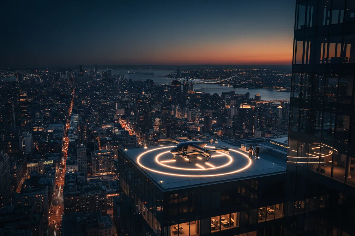 A futuristic air taxi rests on a rooftop vertiport overlooking a glowing city skyline at twilight.