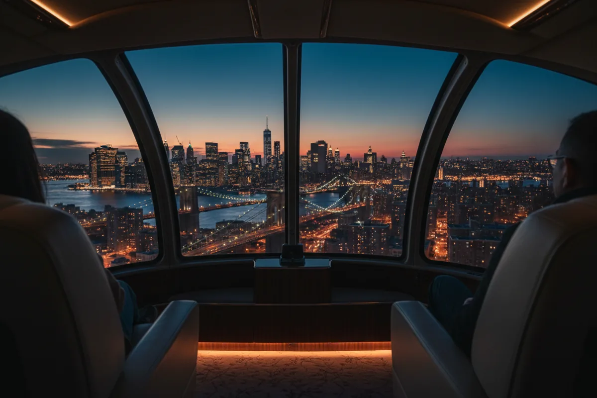 View of the Lower Manhattan skyline at night from inside a helicopter.
