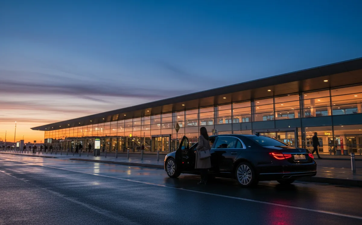 A black car waiting for a passenger outside an airport terminal at night.