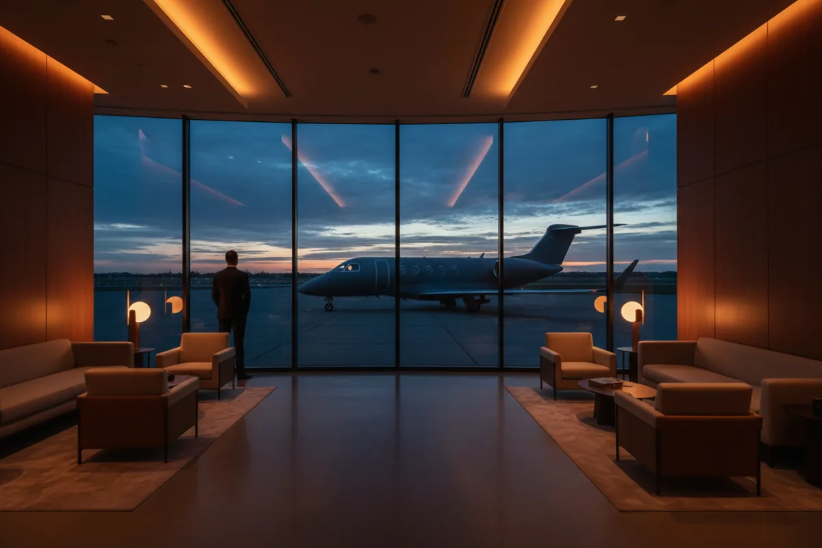 A person in a private airport lounge looking out at a jet on the tarmac at dusk.