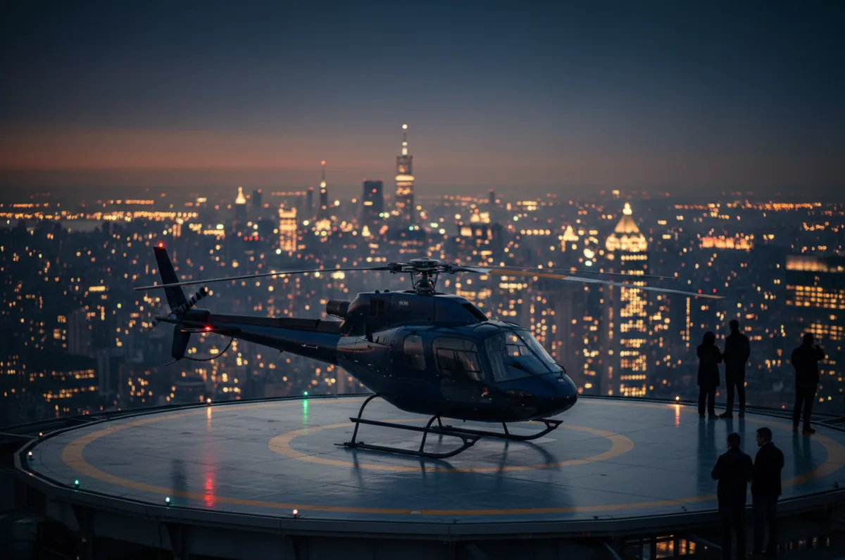 A helicopter on a Manhattan rooftop helipad at dusk with city lights in the background.