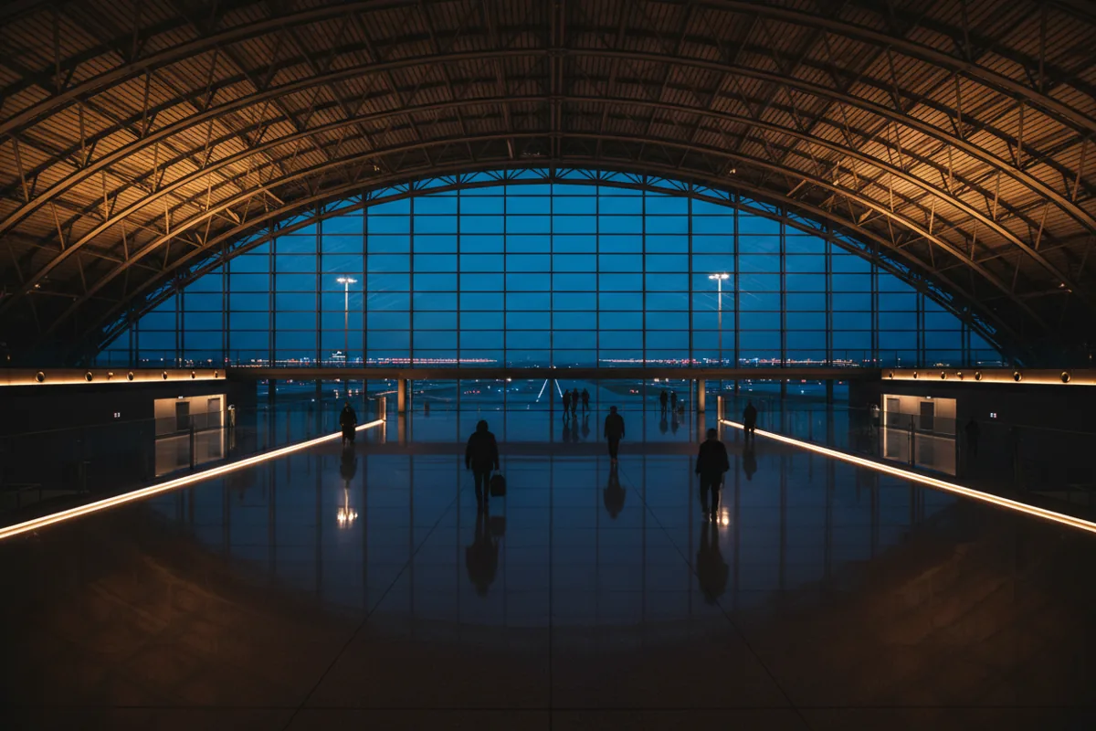 A spacious, modern airport terminal at dusk with large windows overlooking the airfield.