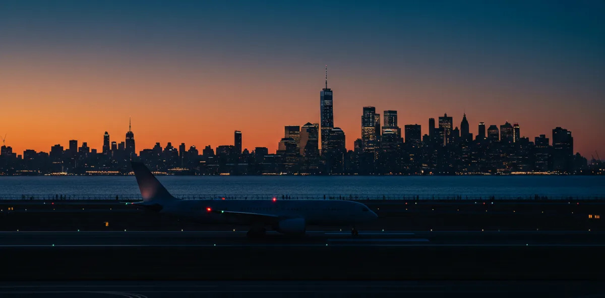 An airliner on a runway at twilight, with the distant Lower Manhattan skyline visible across the water.