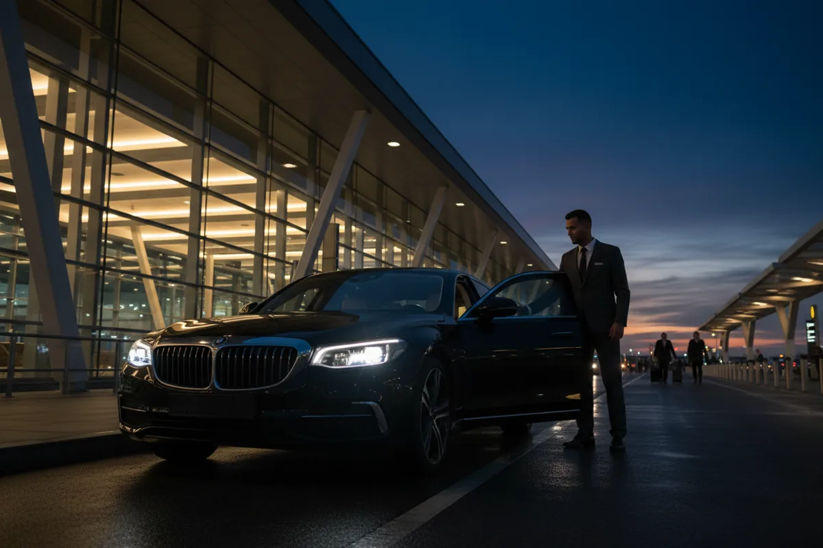 A luxury black car with a chauffeur waiting at an airport terminal curb at night.