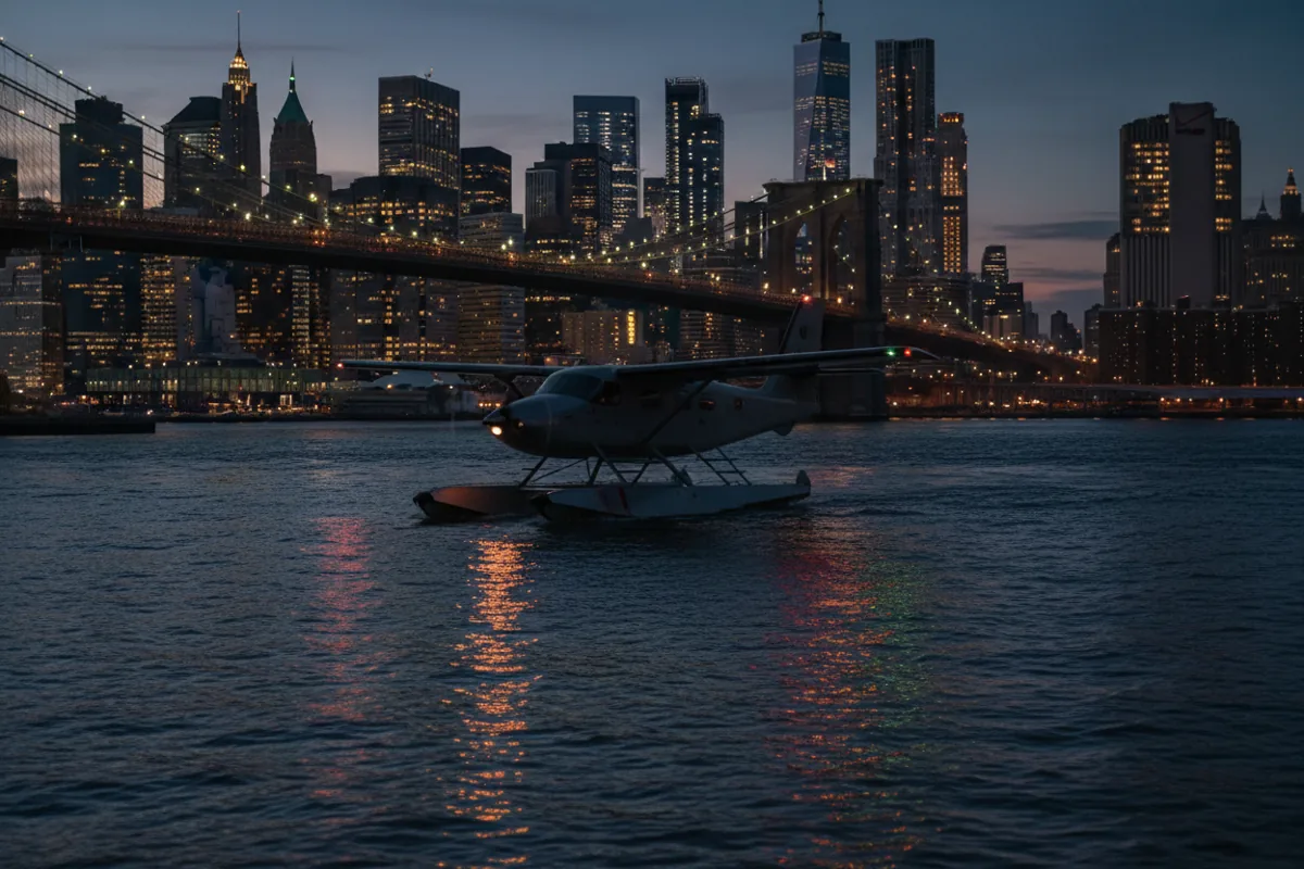 A seaplane on the East River with the Brooklyn Bridge and Manhattan skyline at dusk.