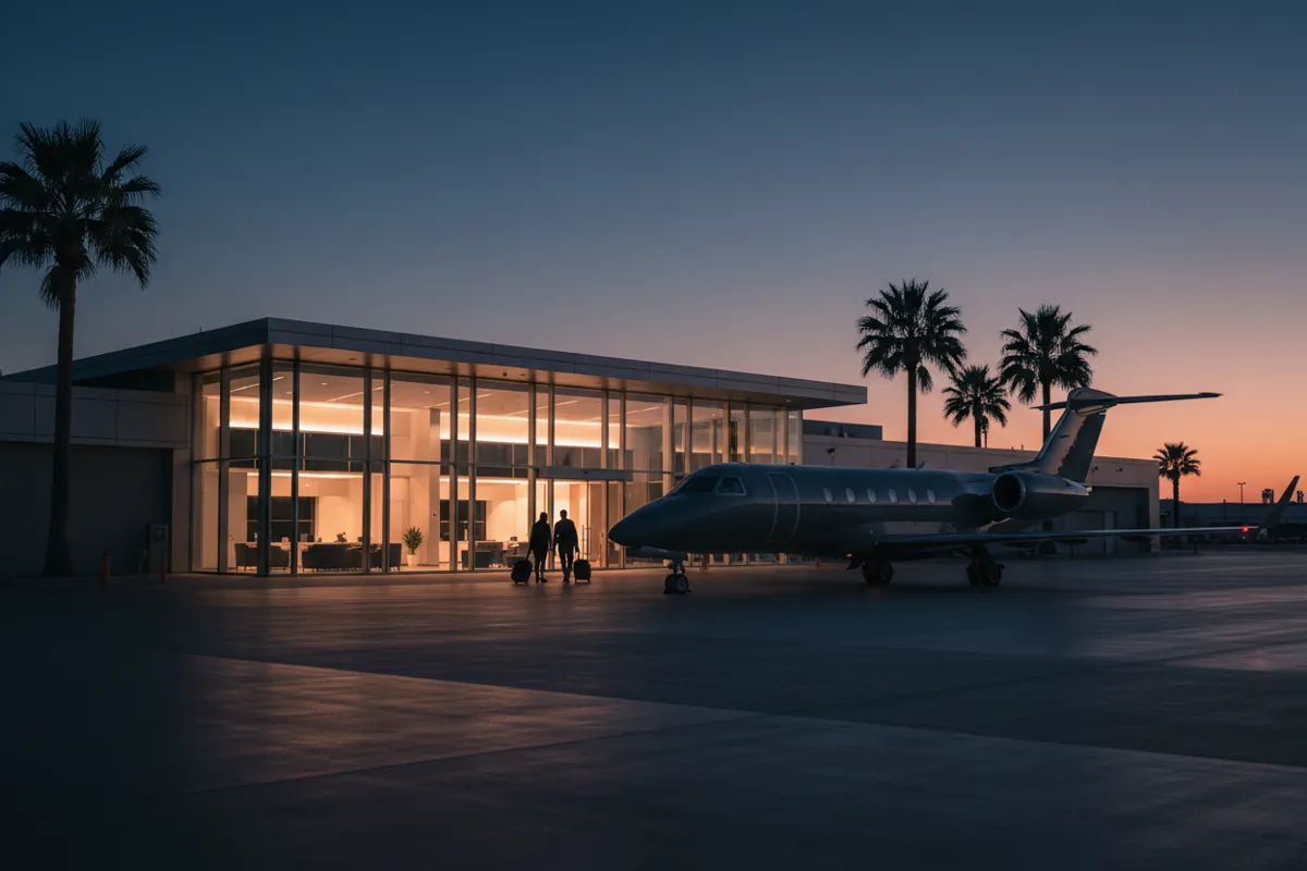 A private jet parked on the tarmac of a modern airport terminal at sunset.