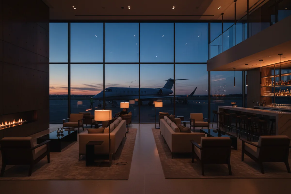 A modern airport lounge with large windows overlooking a private jet on the tarmac at dusk.