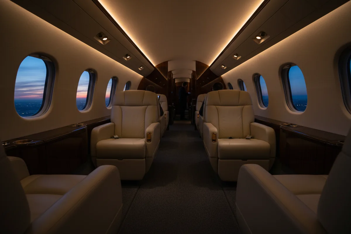 The empty, luxurious interior of a private jet cabin during a flight at twilight.