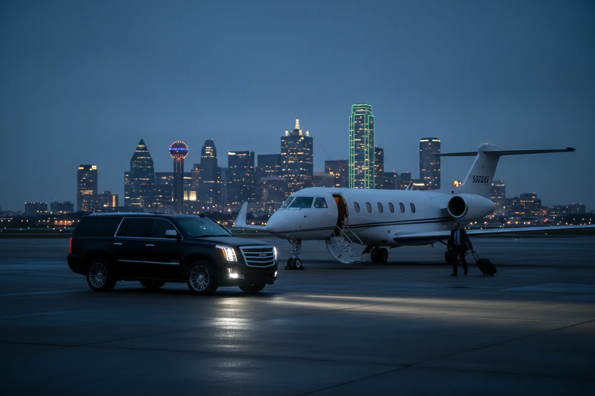 A black SUV waiting on the tarmac next to a private jet with the Dallas skyline in the background at night.