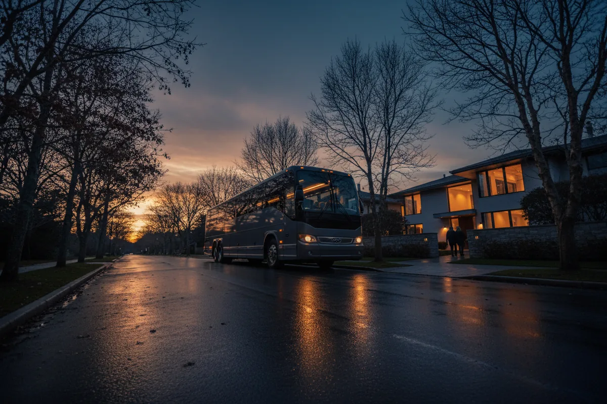 A luxury coach bus parked on a quiet, lamp-lit street at dusk in front of a modern house.