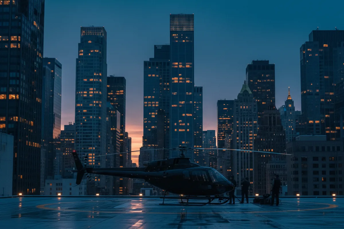 A helicopter on a rooftop helipad at dusk, surrounded by the glowing lights of a city skyline.