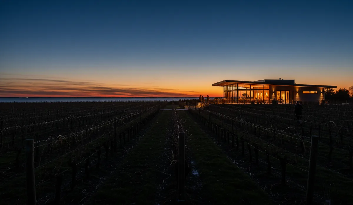 Rows of grapevines at a vineyard at dusk, with a glowing tasting room in the background.