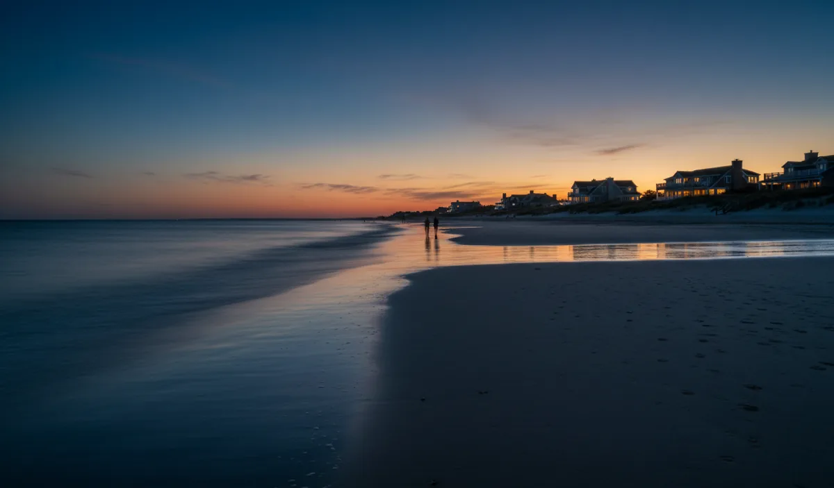 A calm, empty beach in the Hamptons at sunrise with gentle waves.