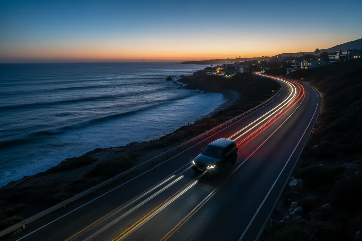 An aerial view of a black SUV driving on a coastal road at night.