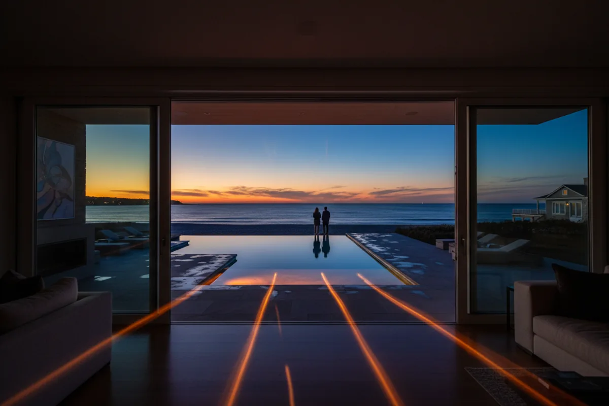 A modern poolside patio at a beach house during twilight.