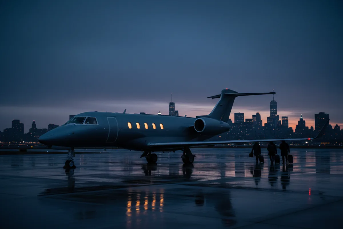 A private jet on an airport tarmac at dusk, with the distant New York City skyline.