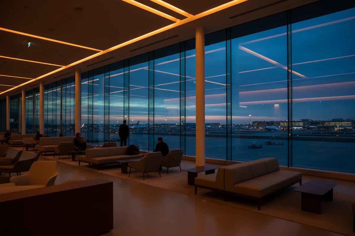 A modern, luxurious airport lounge with large windows overlooking a runway at twilight.