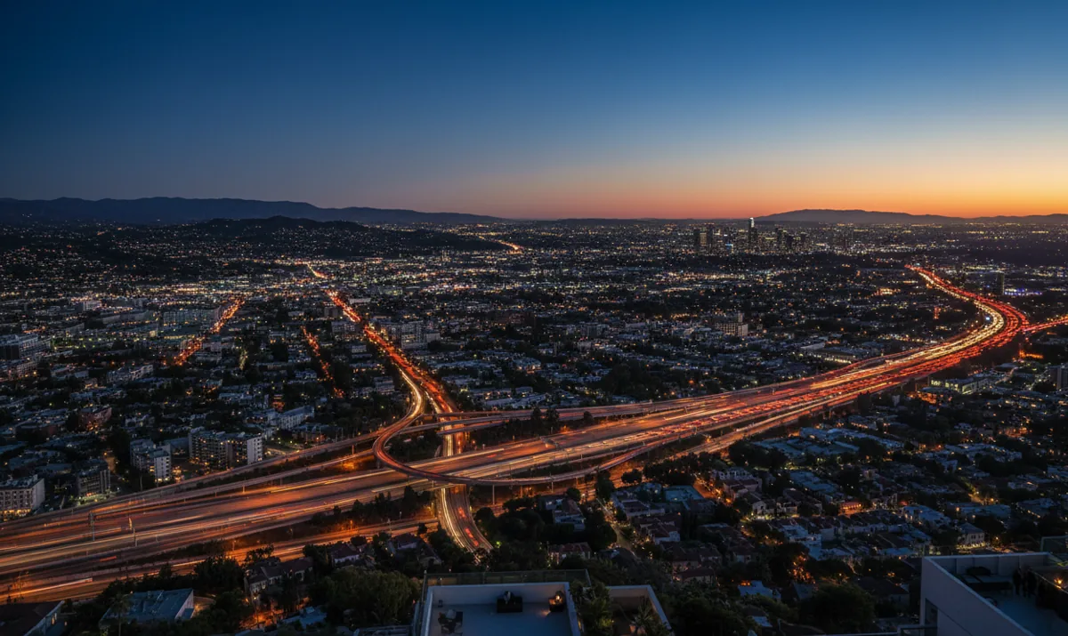 An aerial view of Los Angeles at dusk, showing glowing freeways and city lights.