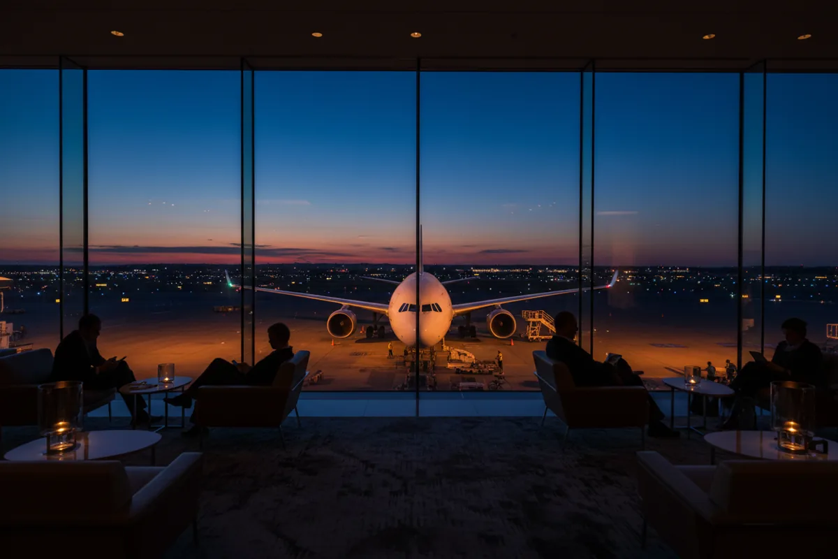 View of a passenger jet on the tarmac at dusk, seen from inside a modern airport lounge.
