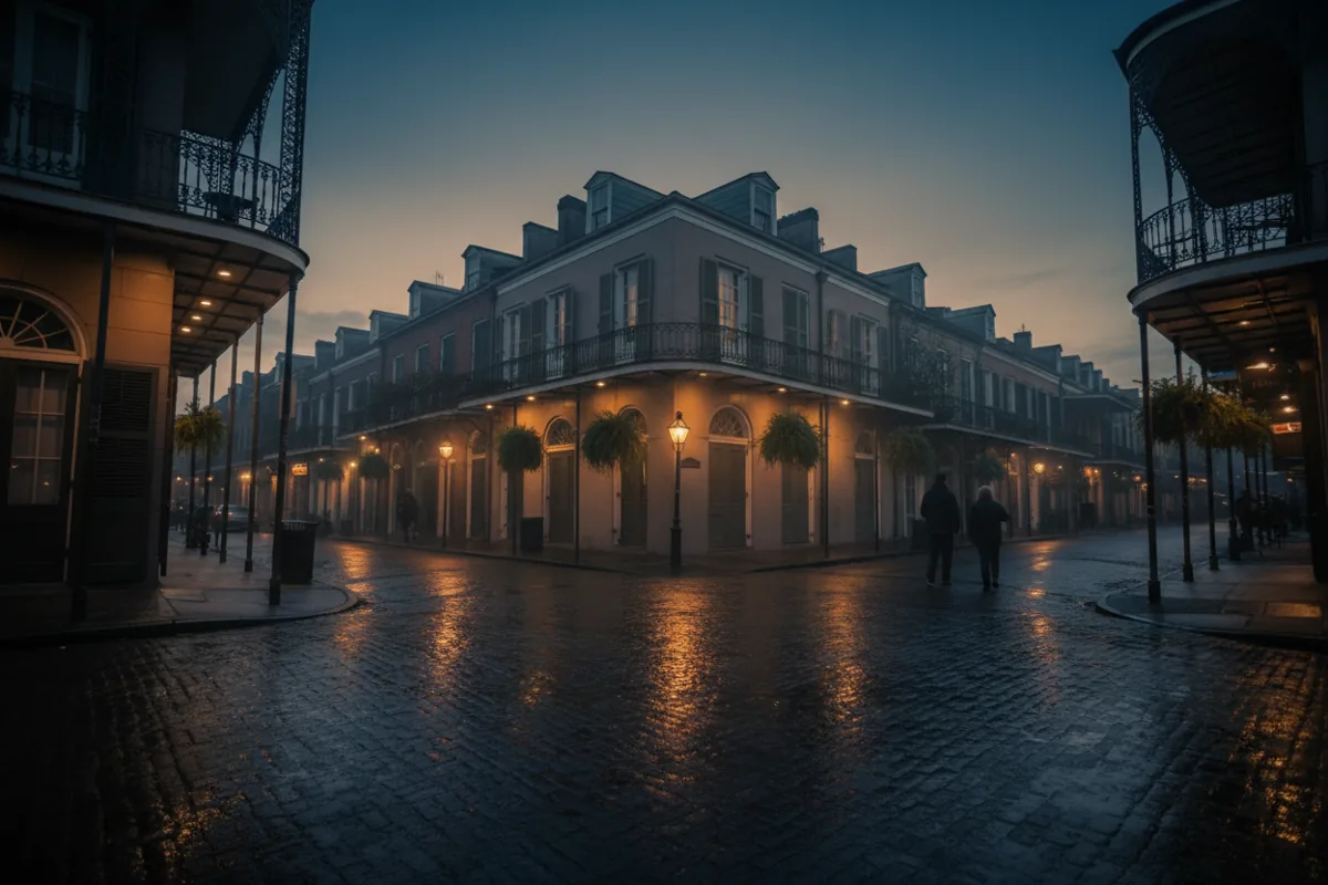 A street in the French Quarter of New Orleans at dusk, with glowing gas lamps and historic balconies.