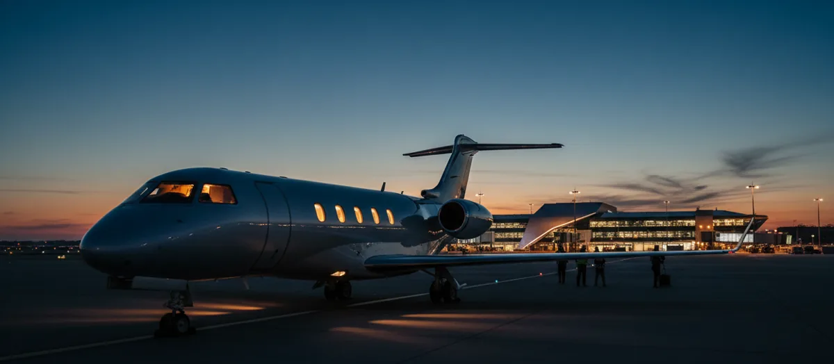 A private jet on an airport tarmac at dusk, with glowing lights from the aircraft and terminal.