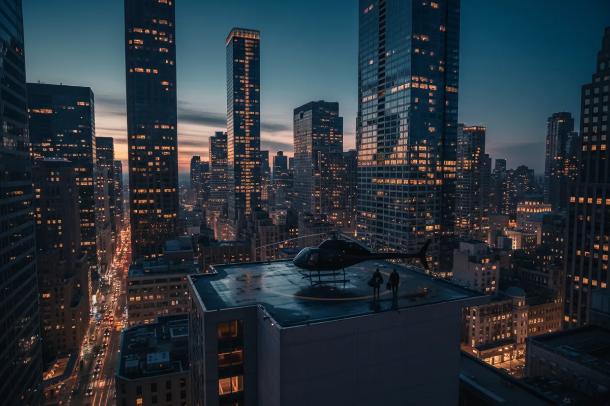 A helicopter on a city rooftop helipad at dusk, surrounded by illuminated skyscrapers.