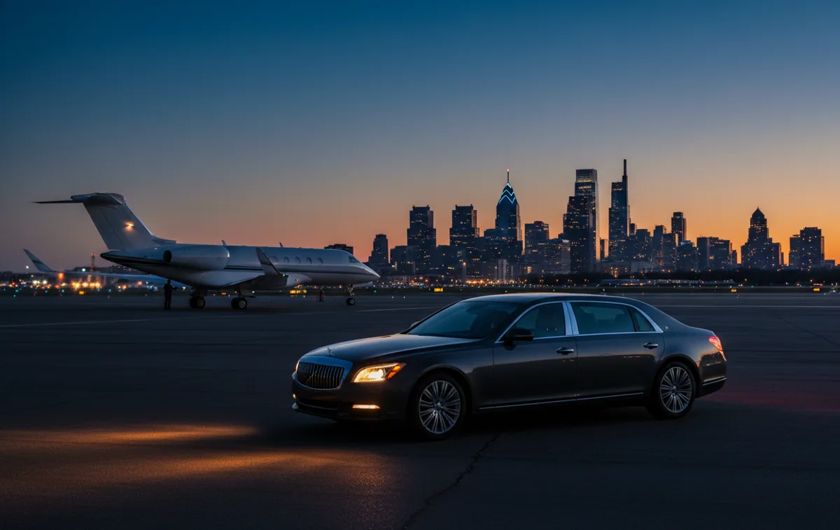 A luxury car waiting next to a private jet on an airport tarmac at twilight.