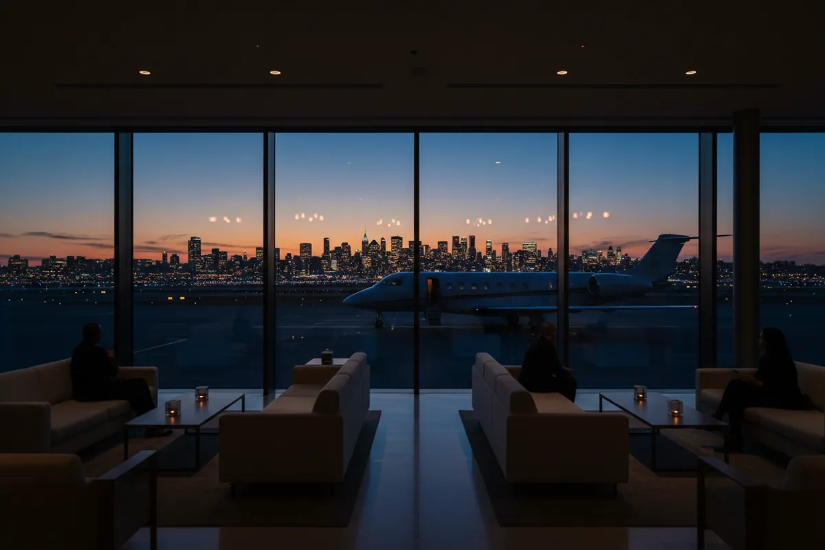 A private jet on an airport tarmac at dusk, with the New York City skyline in the distance.