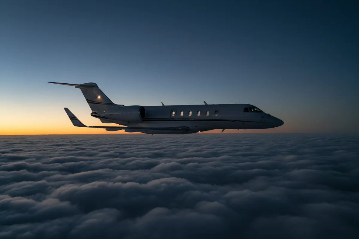 A business jet flying above a white layer of clouds under a clear blue sky.