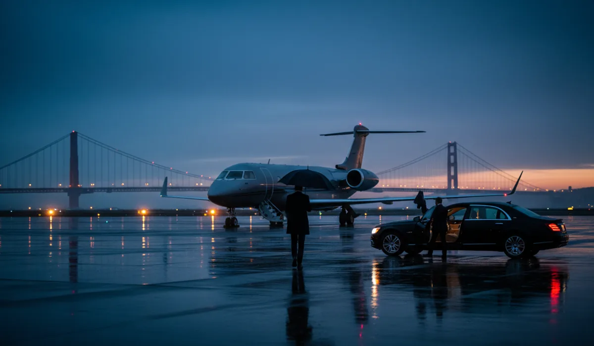 A passenger walks toward a car on an airfield at dusk, with the Golden Gate Bridge in the background.