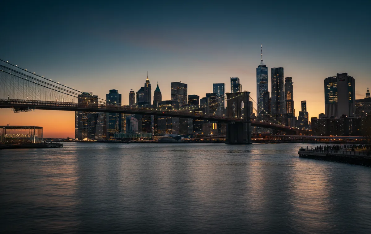 The New York City skyline and Brooklyn Bridge glow against a deep blue sky just after sunset.