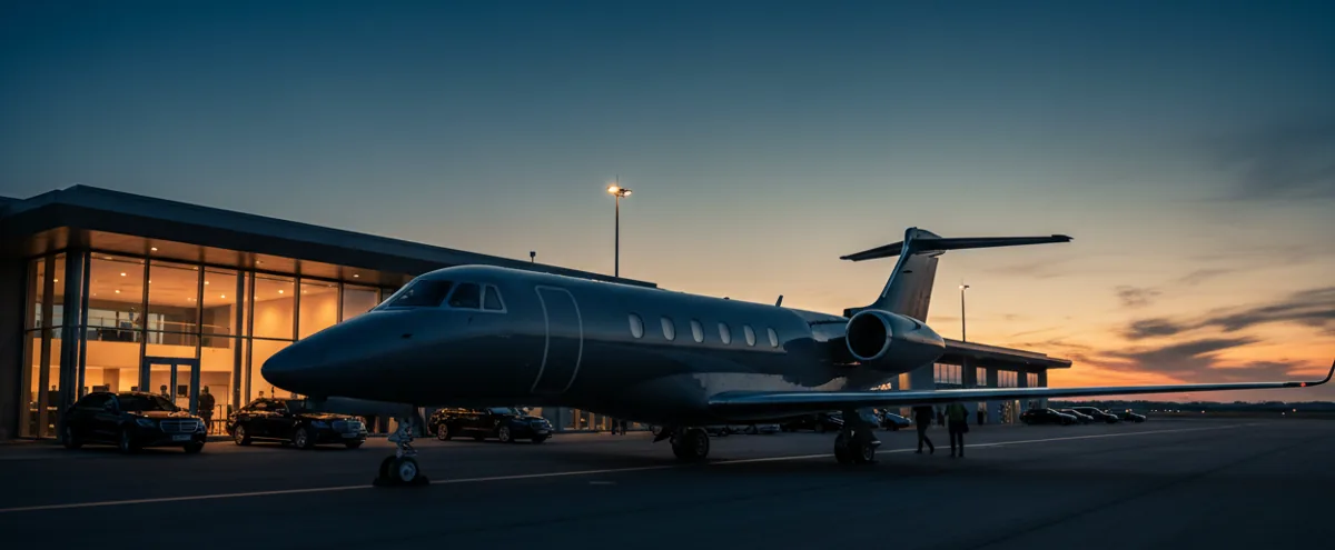 A modern private jet terminal at dusk with a sleek aircraft parked on the tarmac outside.