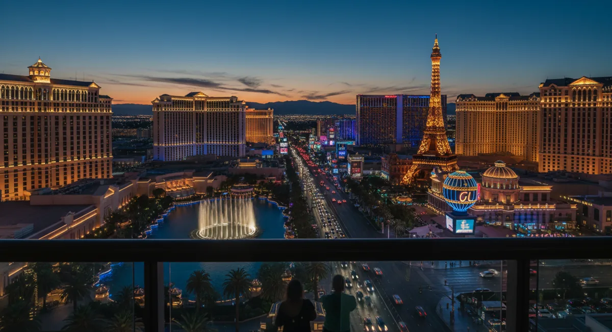 The Las Vegas Strip illuminated with glowing neon lights at dusk, seen from a high vantage point.