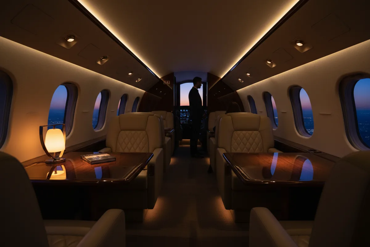The luxurious interior of a private jet cabin with plush leather seats and warm ambient lighting.