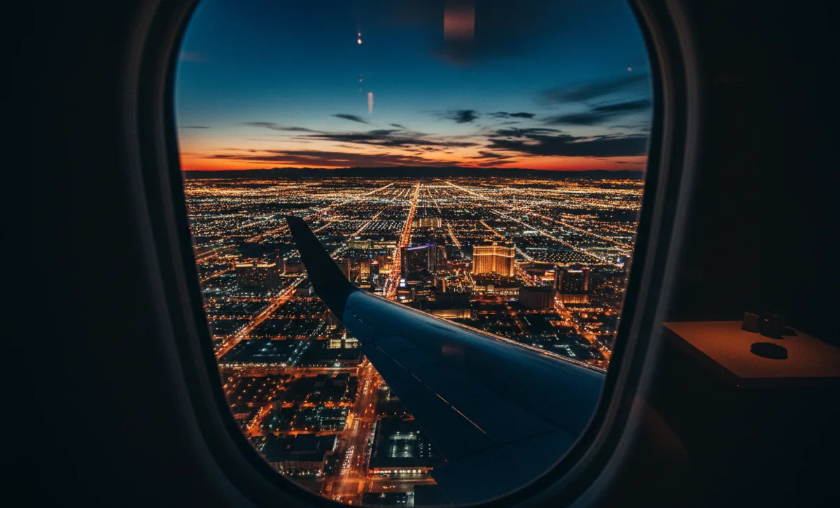 A major city's glowing grid seen from an airplane window at night, with the jet's winglet in the foreground.