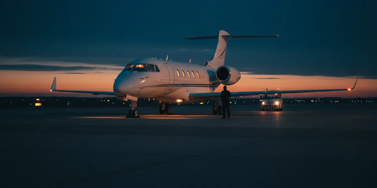 A sleek private jet sits on an airport tarmac under a clear blue sky, ready for a charter flight to Olathe.