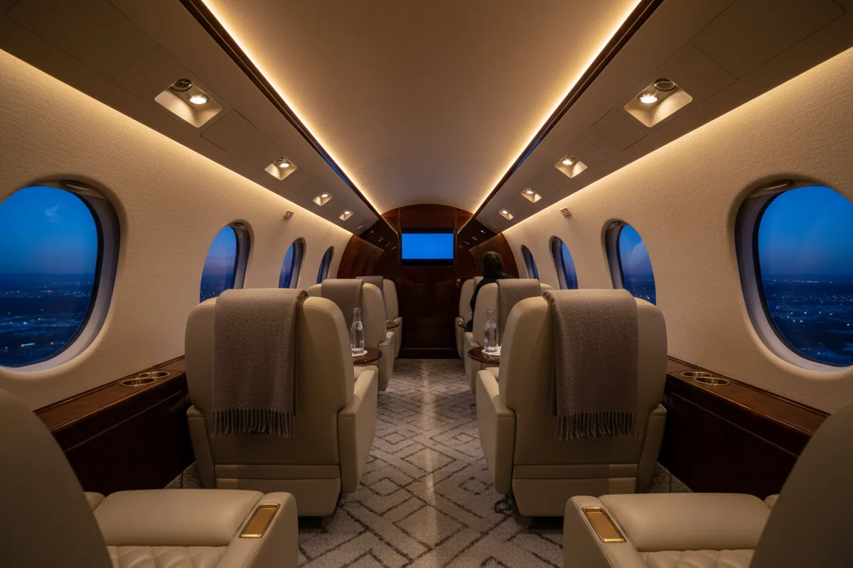 The empty, luxurious interior of a private jet cabin with warm lighting and leather seats.